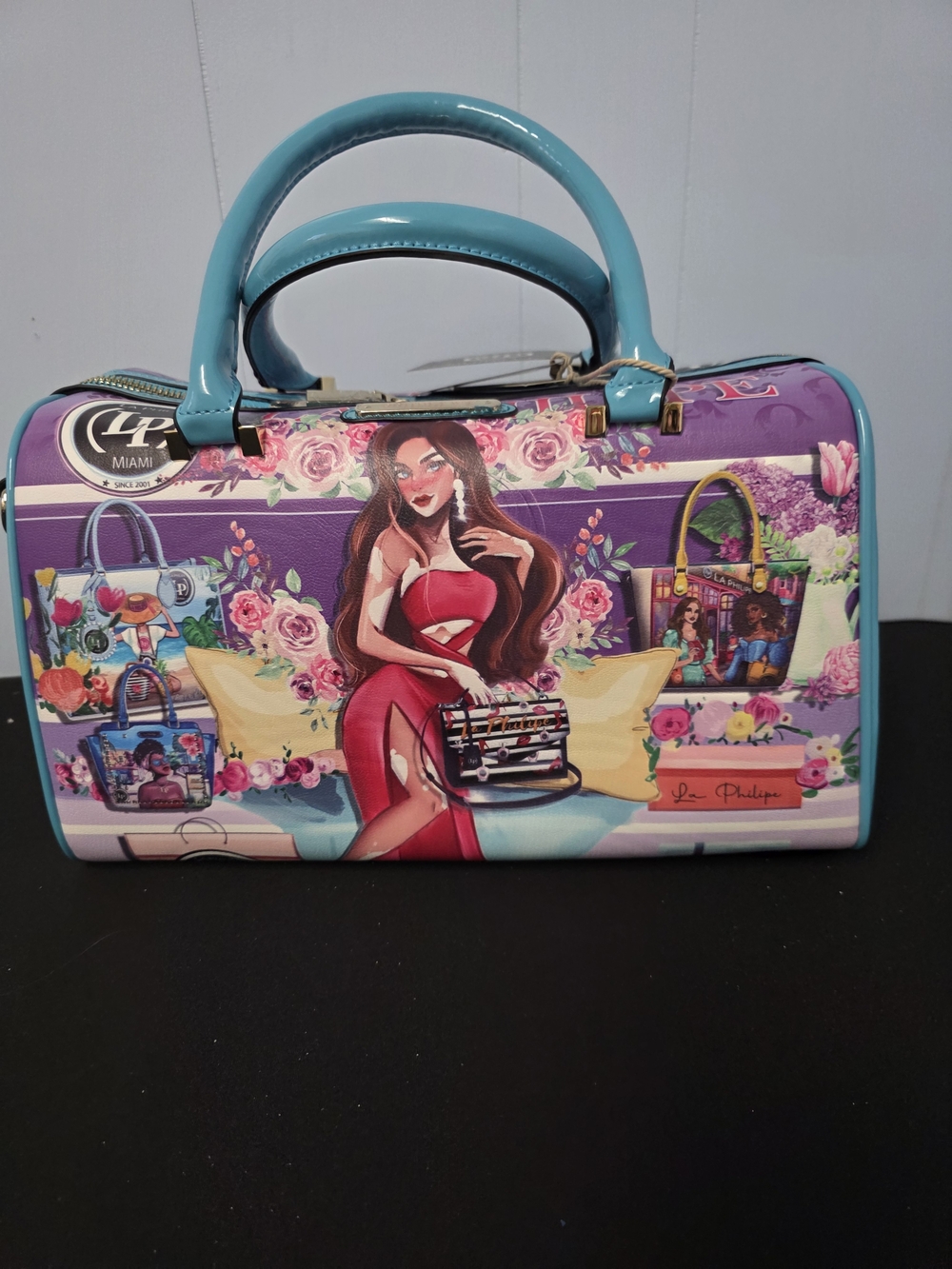 Teal-Handled Printed Women's Satchel - Purple & Teal, An Artistic Statment Piece